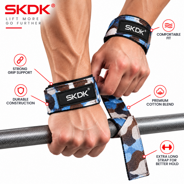 SKDK blue camouflage weight lifting straps with strong grip support for deadlift, pull-up and gym strength training.