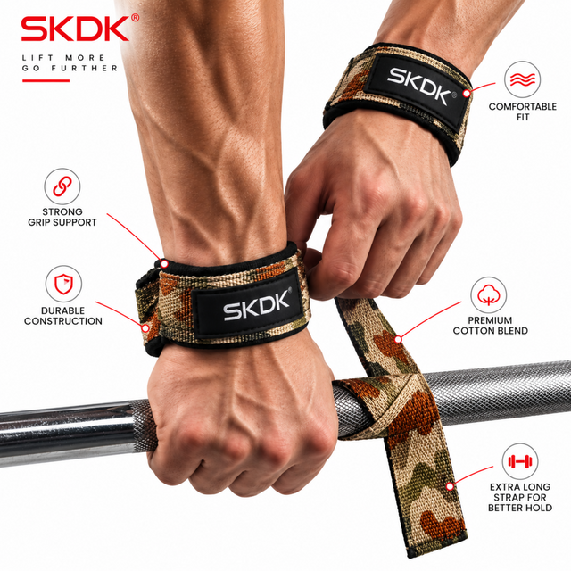 SKDK desert camouflage weight lifting straps with extra long strap for better grip during deadlift and heavy lifting.
