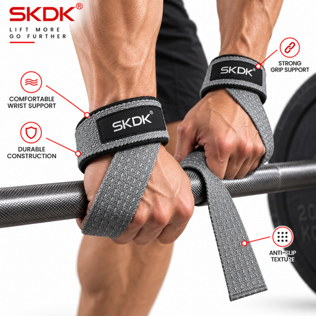 SKDK grey weight lifting straps with anti-slip grip texture and comfortable wrist support for deadlifts, rows and pull-ups.