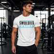Soldier Nation white gym fitness t-shirt worn by male athlete