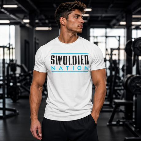 Soldier Nation white gym fitness t-shirt worn by male athlete