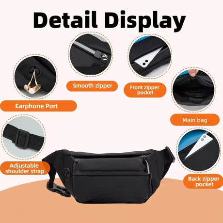 Detailed product view of a black sports fanny pack showing features: earphone port, adjustable shoulder strap, front zipper pocket, main storage compartment, and back security zipper pocket.