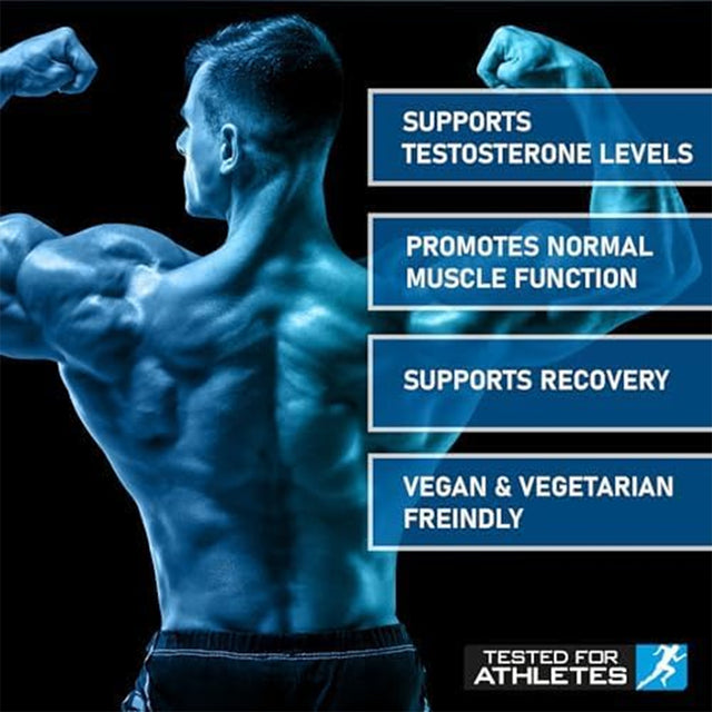 Silhouette of a bodybuilder highlighting benefits: supports testosterone levels, promotes muscle function, and recovery. Vegan friendly.