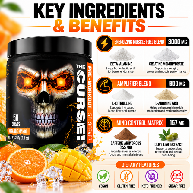 The Curse Pre Workout Orange Mango ingredients and benefits infographic showing beta alanine, creatine monohydrate, L citrulline, caffeine and olive leaf extract.