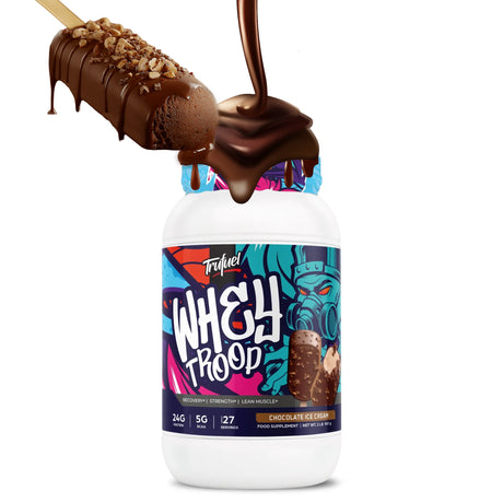 True Fuel Whey Troop protein powder in Chocolate Ice Cream flavor, showing the 2 LBS tub with 24g protein, 5g BCAAs, and 27 servings.