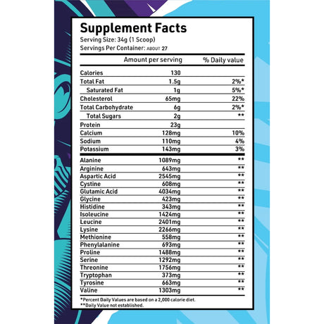True Fuel Whey Troop protein powder supplement facts label showing 23g protein, 130 calories, and full amino acid profile per serving.