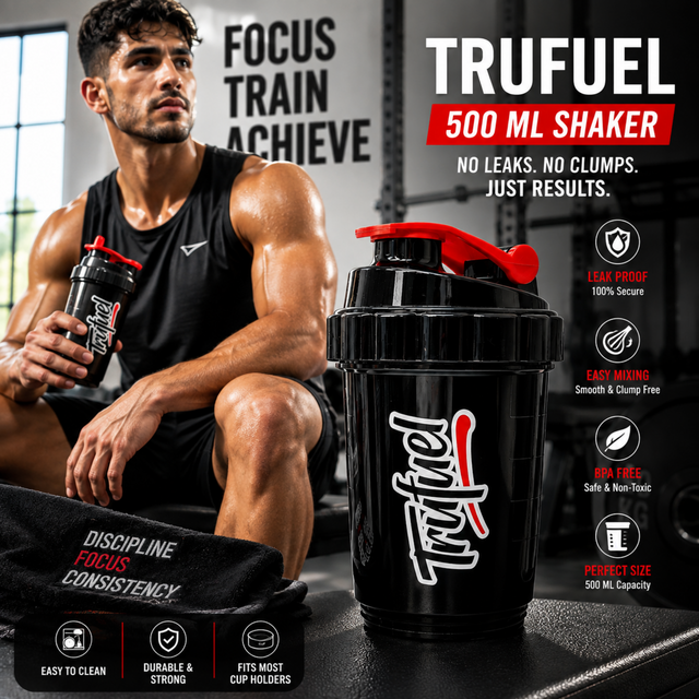 TRUFUEL 500 ML Shaker black protein shaker bottle with red lid and athlete in gym