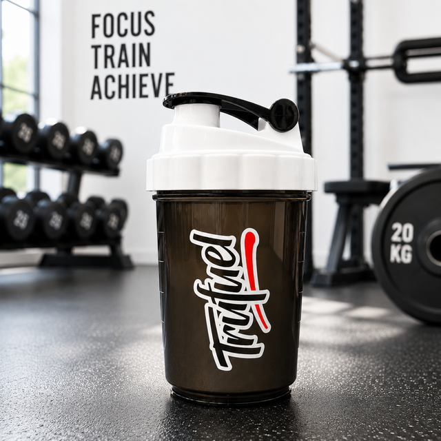 TRUFUEL 500 ML Shaker black protein shaker bottle with white lid in gym