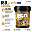 Ultimate Nutrition ISO Sensation 93 Cookies and Cream 5lb tub displaying key benefits: 93% whey protein isolate, glutamine complex for recovery, and colostrum enrichment for immunity and gut health.