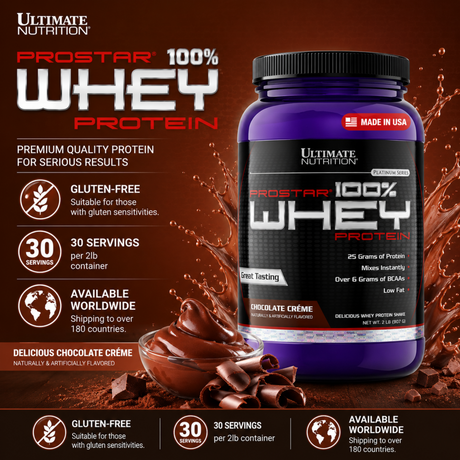 Ultimate Nutrition Prostar 100% Whey Protein Platinum Series in Chocolate Crème flavor (2 lbs tub, 30 servings) with a Made in USA label. Graphic highlights key product metrics: 25 grams of protein, over 6 grams of BCAAs, low fat, gluten-free formula, and instant mixability.
