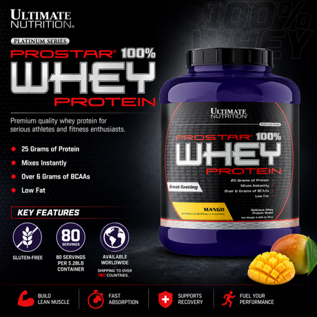 Ultimate Nutrition Prostar 100% Whey Protein Platinum Series in Mango flavor (5.28 lbs tub, 80 servings). Promotional banner highlights key features: 25 grams of protein, over 6 grams of BCAAs, low fat, gluten-free, fast absorption, and muscle recovery support.