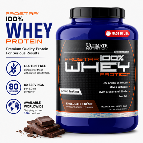 Ultimate Nutrition Prostar 100% Whey Protein Platinum Series in Chocolate Crème flavor (5.28 lbs tub, 80 servings) with a Made in USA label. Graphic highlights key product metrics: 25 grams of protein, over 6 grams of BCAAs, low fat, gluten-free formula, and instant mixability.