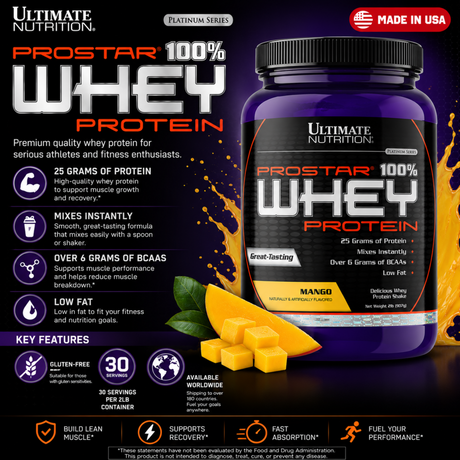 Ultimate Nutrition Prostar 100% Whey Protein in Mango flavor (2 lbs tub, 30 servings) with a Made in USA label. Graphic outlines key metrics: 25g protein, over 6g BCAAs, low fat, instant mixability, and gluten-free formula for lean muscle growth.
