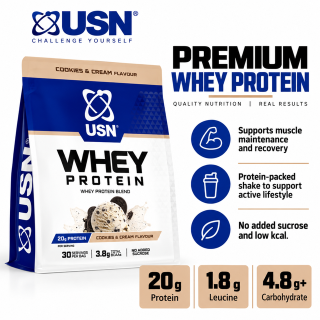 USN Whey Protein Cookies and Cream Flavour 900g with 20g protein per serving