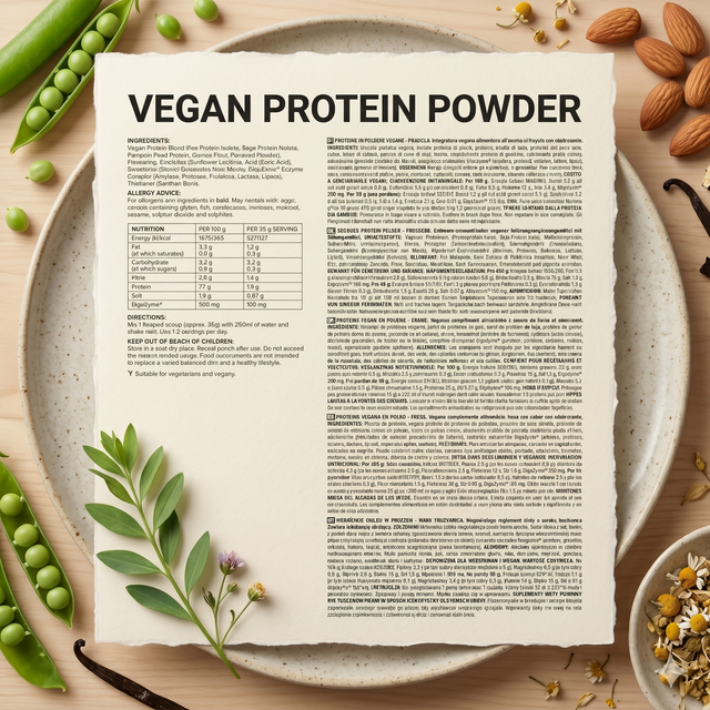 Vegan protein powder nutrition label showing ingredients, amino acid profile, allergy advice, and nutrition facts per serving.