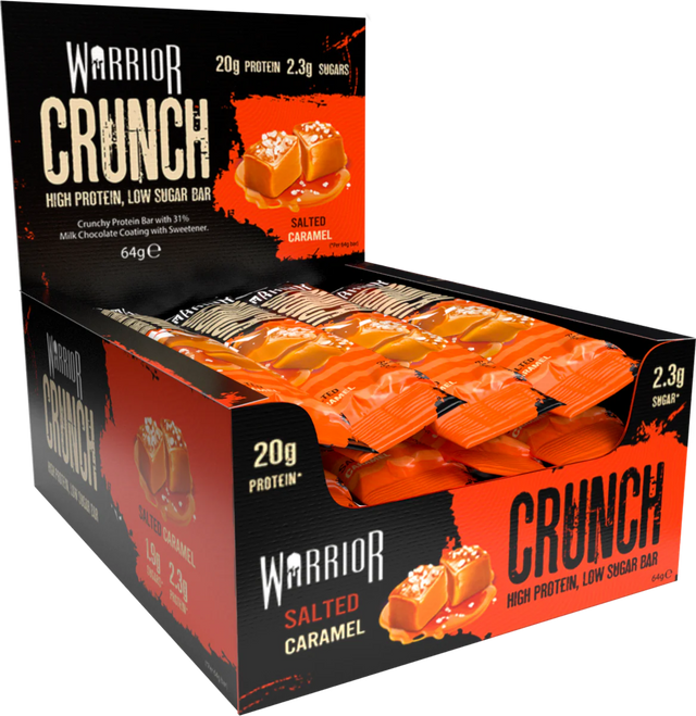 Box of Warrior Crunch Salted Caramel high protein low sugar bars (64g)