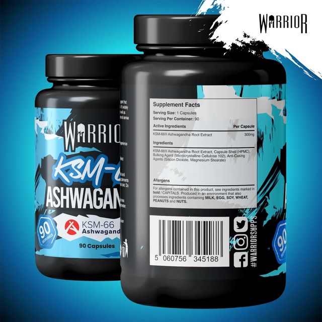Supplement Facts label for Warrior KSM-66 Ashwagandha showing 300mg root extract per capsule and 90 servings per container.