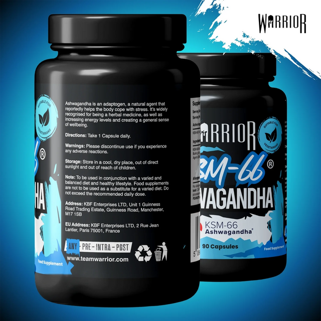Back label of Warrior KSM-66 Ashwagandha showing directions for use, take 1 capsule daily, and supplement safety warnings.