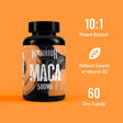 Black bottle of Warrior Maca 500mg supplement. Text states it's a 10:1 Potent Extract and a Natural Source of Vitamin B2, containing enough for a 60 Day Supply.