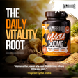 Warrior Maca 500mg supplement bottle, 60 tablets of pure Peruvian Ginseng for natural energy and vitality.