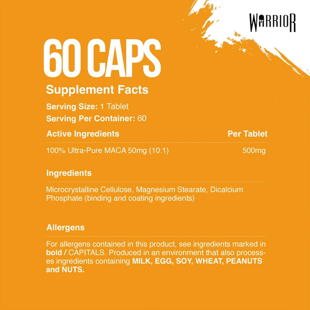 Supplement facts for Warrior Maca showing 500mg Maca Root (10:1 extract) per tablet and dosage instructions.