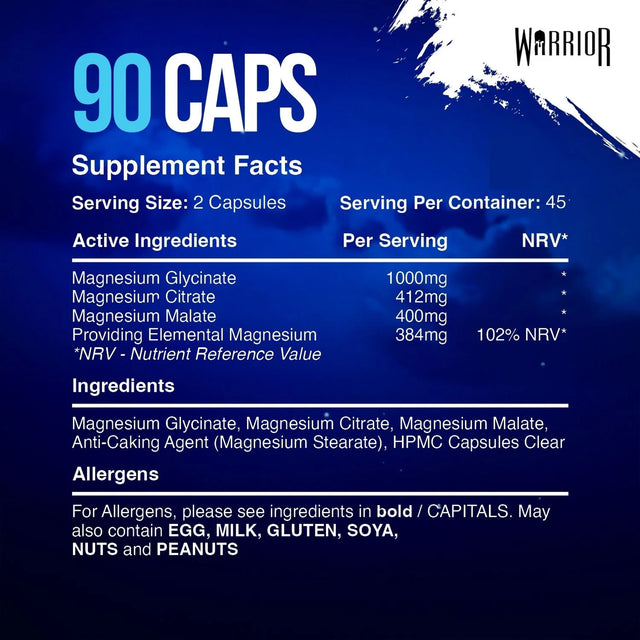 Warrior Magnesium Glycinate supplement facts 90 capsules