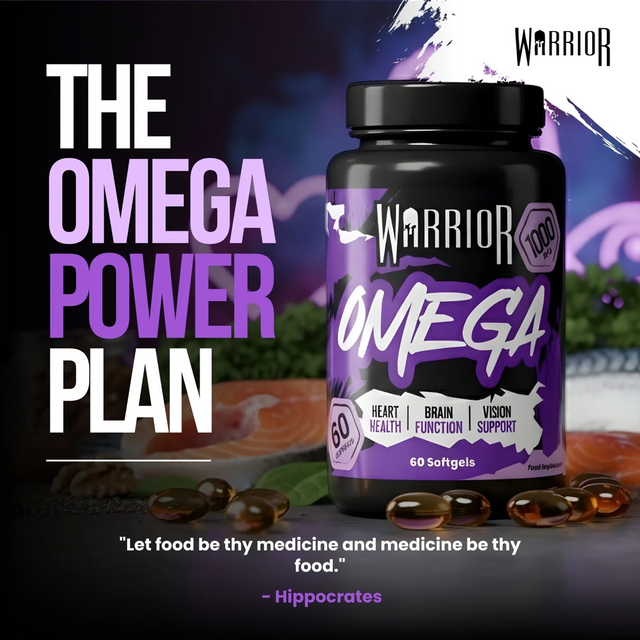 Warrior Omega Fish Oil 1000mg softgels bottle for heart health, brain function, and vision support with omega-3 supplement in Bangladesh