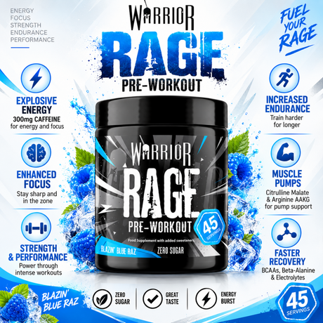 Warrior RAGE Blue Raspberry Pre-Workout with 300mg caffeine and 45 servings