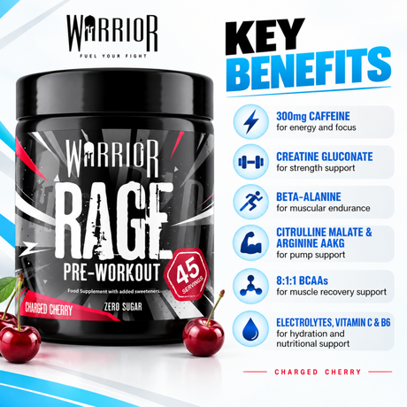 Warrior Rage Pre-Workout 45 Servings Charged Cherry featuring caffeine, creatine gluconate, beta-alanine, citrulline malate, BCAAs, electrolytes, and vitamins C and B6.