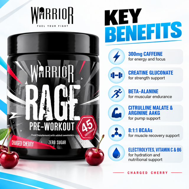 Warrior Rage Pre-Workout 45 Servings Charged Cherry featuring caffeine, creatine gluconate, beta-alanine, citrulline malate, BCAAs, electrolytes, and vitamins C and B6.