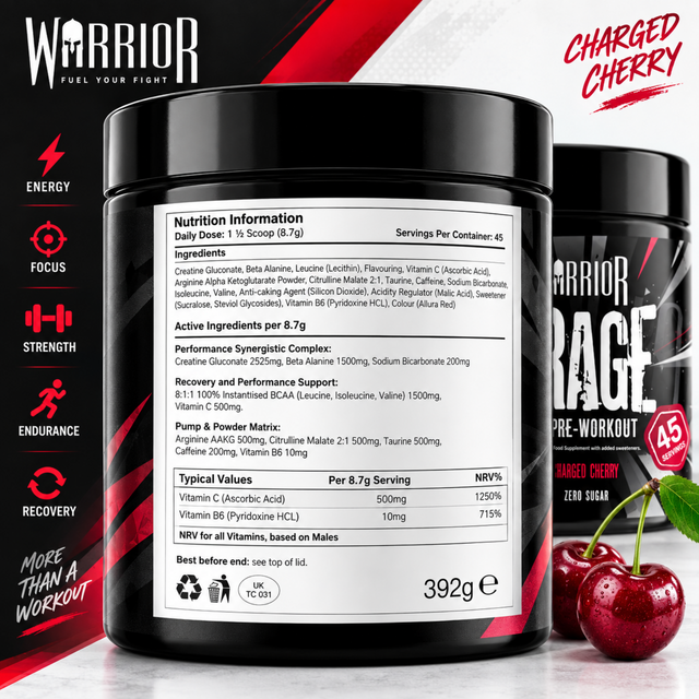 Warrior Rage Pre-Workout Charged Cherry 392g nutrition facts label showing 45 servings, creatine gluconate, beta-alanine, BCAAs, caffeine, citrulline malate, arginine AAKG, taurine, vitamin C, and vitamin B6.