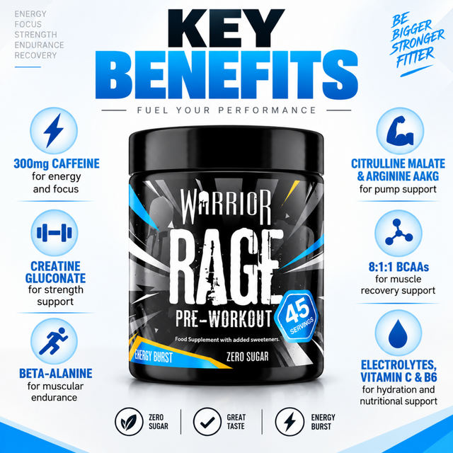 Warrior Rage Pre-Workout Energy Burst flavour, 392g container with 45 servings, featuring 300mg caffeine, creatine gluconate, beta-alanine, citrulline malate, arginine AAKG, 8:1:1 BCAAs, electrolytes, and vitamins C and B6.