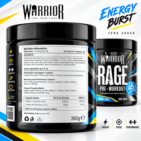Warrior Rage Pre-Workout Energy Burst flavour, 392g container with 45 servings, featuring 300mg caffeine, creatine gluconate, beta-alanine, citrulline malate, arginine AAKG, 8:1:1 BCAAs, electrolytes, and vitamins C and B6.