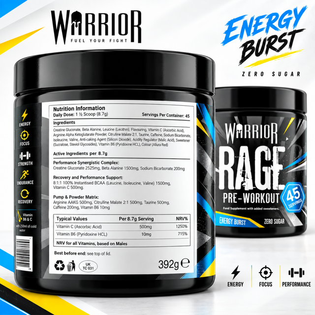 Warrior Rage Pre-Workout Energy Burst flavour, 392g container with 45 servings, featuring 300mg caffeine, creatine gluconate, beta-alanine, citrulline malate, arginine AAKG, 8:1:1 BCAAs, electrolytes, and vitamins C and B6.