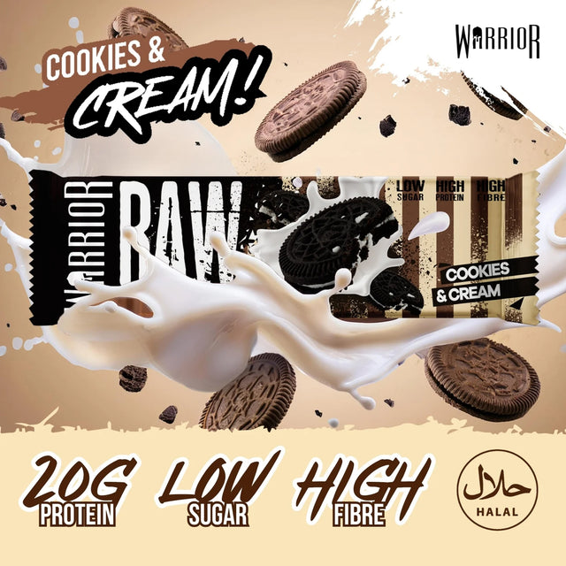 Warrior RAW Protein Flapjack in Cookies & Cream flavor, highlighting 20g Protein, Low Sugar, and High Fibre.
