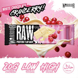 Warrior RAW Protein Flapjack in White Chocolate Cranberry flavor, emphasizing 20g Protein, Low Sugar, and High Fibre.
