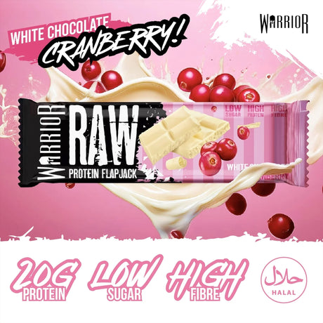 Warrior RAW Protein Flapjack in White Chocolate Cranberry flavor, emphasizing 20g Protein, Low Sugar, and High Fibre.

