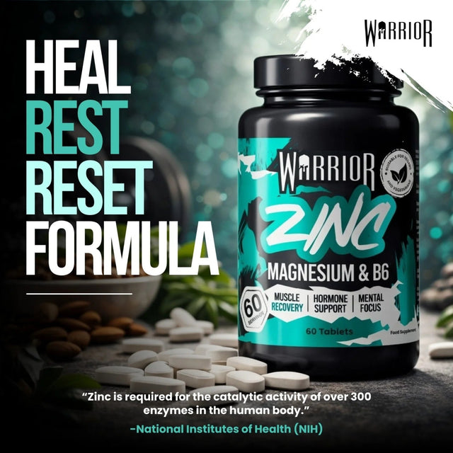 Warrior Zinc Magnesium & B6 supplement bottle for muscle recovery, hormone support, and mental focus.