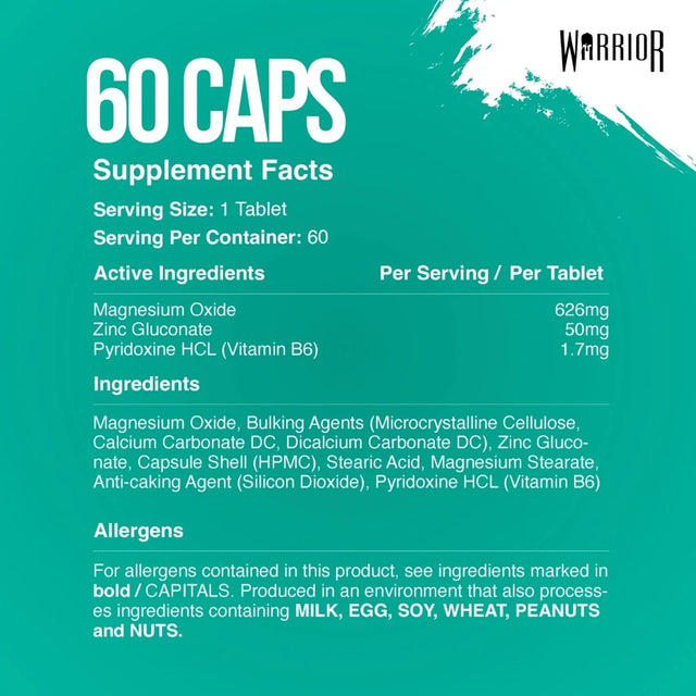 Warrior ZMA supplement facts label showing Zinc Gluconate, Magnesium Oxide, and Vitamin B6 ingredients.