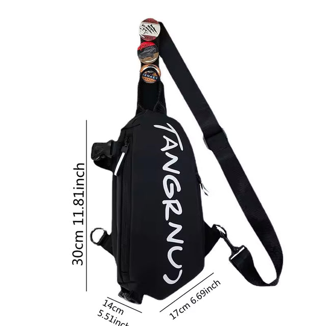 Waterproof crossbody chest bag in black. Compact gym sling pack (30cm x 14cm x 17cm) for fitness, travel, and daily essentials.