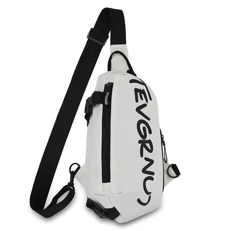Waterproof crossbody chest bag in white. Versatile, modern sling pack for men and women. Perfect for gym gear and travel.