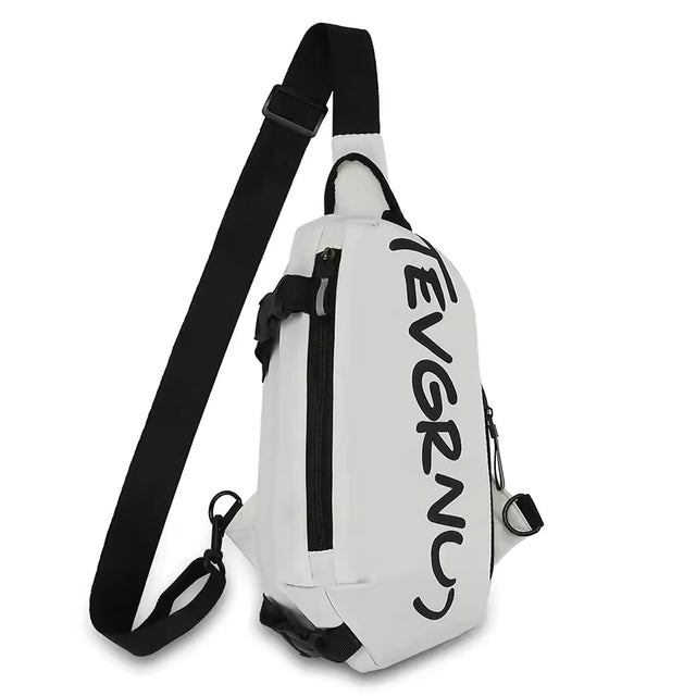 Waterproof crossbody chest bag in white. Versatile, modern sling pack for men and women. Perfect for gym gear and travel.