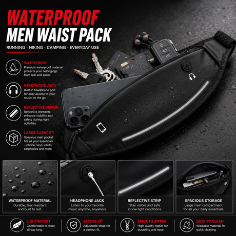 Waterproof men's running waist pack in black featuring a built-in headphone jack, reflective night strip, and large capacity phone storage.