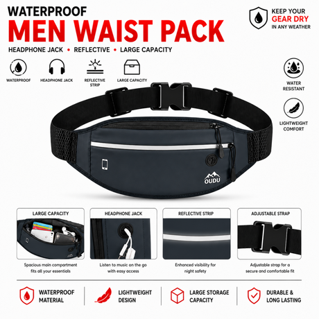 Waterproof Men Waist Pack Dark Blue with Headphone Jack Reflective Running Hiking Belt Bag