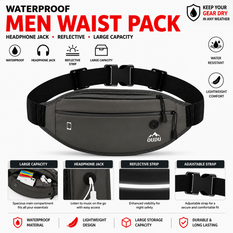 Waterproof Men Waist Pack Grey with Headphone Jack Reflective Running Hiking Belt Bag