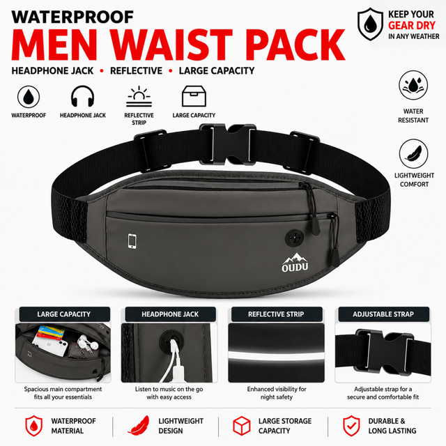 Waterproof Men Waist Pack Grey with Headphone Jack Reflective Running Hiking Belt Bag