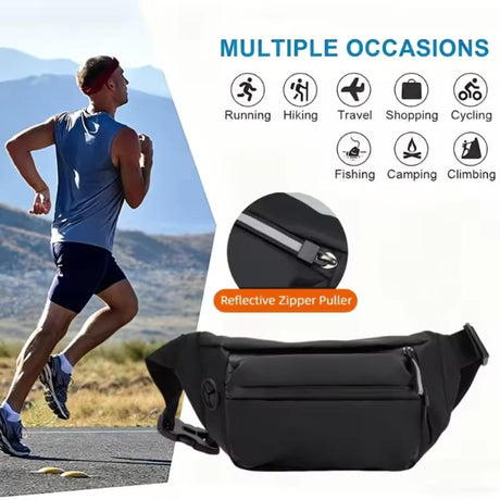 A man running in a scenic location wearing a black waist bag, highlighting use cases like hiking, travel, cycling, and fishing with a reflective zipper puller feature.