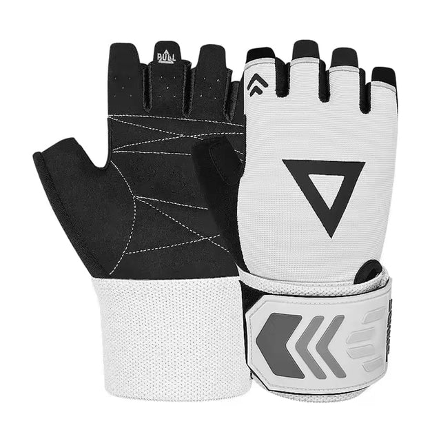 AOLIKES white and black breathable gym gloves for men and women with padded palms, microfiber material, and fingertip pull tabs.