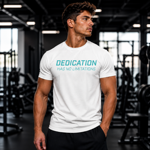 Muscular male fitness model standing in a gym wearing a white Gym Supplements U.S t-shirt featuring the teal text graphic "DEDICATION HAS NO LIMITATIONS".