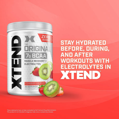 Xtend Original BCAA 7g Strawberry Kiwi Splash – zero sugar electrolyte supplement for hydration and muscle recovery during workouts